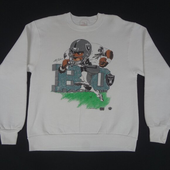 VINTAGE 1987 NFL BO JACKSON RAIDERS FOOTBALL WHITE SWEATSHIRT LARGE WOMENS K905 - Picture 1 of 9